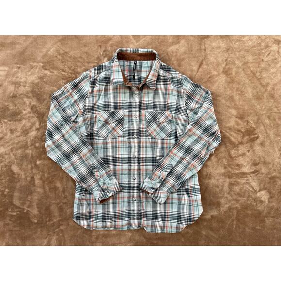 Kuhl Flannel Long Sleeved Snap Button Plaid Shirt Corduroy Accents Size Large - Picture 1 of 6